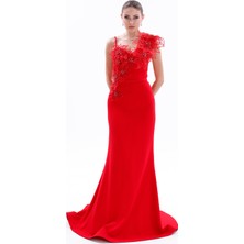 Bdm Exclusive Çiçek Aplikeli Taş Işlemeli Ince Askılı Uzun Krep Abiye Elbise