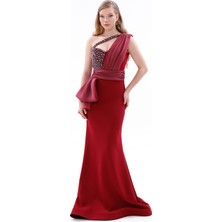 Bdm Exclusive Krep Drapeli Asimetrik Taş Işlemeli Uzun Premium Abiye Elbise