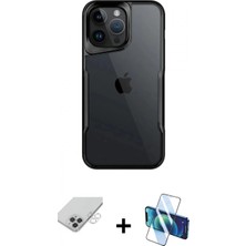 İlk El Grup Ieg™ iPhone 14 Pro Max Kılıf Akış Çizgi Koleksiyonu - Siyah 3D Antistatik Cam Ekran Koruyucu + Gümüş Band Metal Kamera Lens