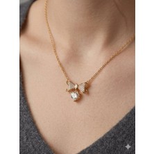 Stainless Steel 316L Çelik Altın Kaplama Taşlı Kalpli Fiyonk Kolye (Kararmaz)