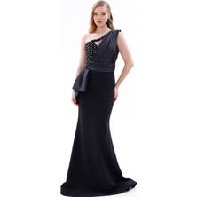 Bdm Exclusive Krep Drapeli Asimetrik Taş Işlemeli Uzun Premium Abiye Elbise