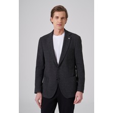 Morven  Erkek Siyah Yünlü Trend Desenli Slim Fit Mono Yaka Ceket