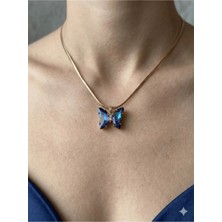 Stainless Steel 316L Çelik Altın Kaplama Taşlı Mavi Kelebek Kolye