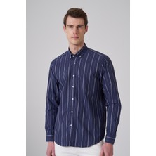 Morven  Erkek Lacivert Pamuk Trend Çizgili Dynamic Fit Düğmeli Yaka Gömlek