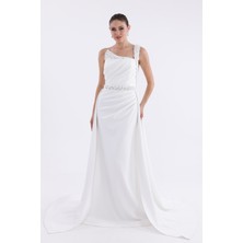Bdm Exclusive Boncuk Işlemeli Kuşak Detaylı Tek Omuz Uzun Krep Abiye Elbise