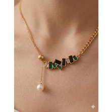 Stainless Steel 316L Altın Kaplama Çelik Geometrik Taşlı Inci Detaylı Kolye