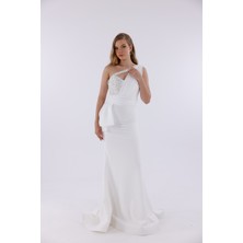 Bdm Exclusive Krep Drapeli Asimetrik Taş Işlemeli Uzun Premium Abiye Elbise