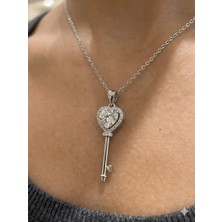 Stainless Steel 316L Gümüş Renk Çelik Taşlı Kalp Anahtar Kolye (Kararmaz, Paslanmaz)