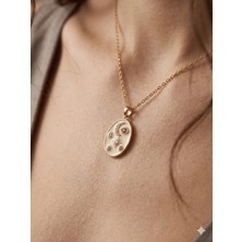 Stainless Steel 316L Çelik Altın Kaplama Taşlı Ay Yıldız Oval Kolye