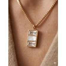 Stainless Steel 316L Altın Kaplama Çelik Taşlı Dikdörtgen Kolye