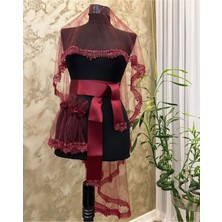 Evsay Gelin Kına Duvağı Boncuklu Zarif Tasarım Gelin Kına Yüz Örtüsü Düğün Nikah Nişan Kına Bordo