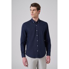 Morven  Erkek Koyu Lacivert Pamuk Trend Düz Dynamic Fit Düğmeli Yaka Gömlek