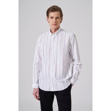 Morven  Erkek Beyaz Pamuk Trend Çizgili Dynamic Fit Düğmeli Yaka Gömlek