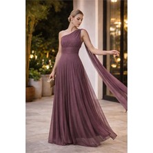 Neşeli Butik Kadın Gül Kurusu Tek Omuz Pilise Detaylı Simli Tül Kumaş Abiye Elbise NBSWLL16