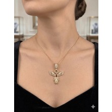 Stainless Steel 316L Çelik Altın Renk Taşlı Kanatlı Kolye