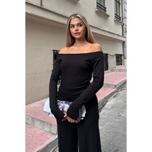 la & vetta Siyah Omuzları Açık Uzun Kollu Bluz