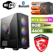 MSI Şafak-Gamıng Pc Ddr5 Amd Ryzen 5 7500F Rtx 5060 Ti 8gb 16GB Ddr5 Ram 1tb M.2 SSD (5000/4000) Win 11 Pro Wi-Fi E-Spor Oyuncu ve Render Bilgisayarı