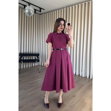 Sue Store Vişne Çürüğü Yakadan Fermuarlı Pensli Midi Elbise