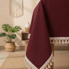 NDC Home Bordo Pamuk Keten Ham Ponponlu Masa Örtüsü