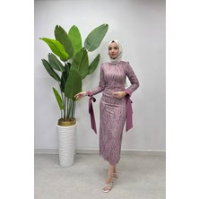 Tesettür Diyarı Bilekleri Kurdela Detaylı Tesettür Abiye - Pembe