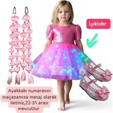 3b Kids Payetli Pembe Işıklı Elbise Kostüm + Pembe Bubble Saç + Pembe Topuklu Ayakkabı Seti Parti Bayram