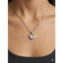 Stainless Steel 316L Çelik Taşlı Kalp Kolye Gümüş Renk