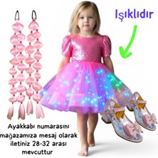 3b Kids Payetliiiii Pembe Işıklı Elbise Kostüm + Pembe Bubble Saç + Pembe Topuklu Ayakkabı Seti Parti Bayram