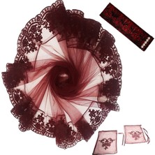 Kazım Alıç Kadife Simli Eldiven ve Kemerli Duvak Bordo Gelin Yüz Örtüsü 4prç