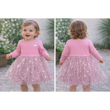 Bilge Trend Kız Bebek Çocuk Eteği Lame Yıldız Desenli Pembe Tütülü Prenses Elbise