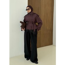 Moda Aksa 004 Dik Yaka Kısa Kuşaklı Trençkot Bordo