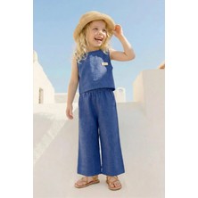 Queen Kids Kız Çocuk Keten  Bluz ve Pantolon Takım Mavi