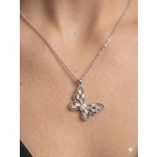 Stainless Steel 316L Gümüş Çelik Kararmaz Taşlı Kelebek Kolye