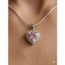 Stainless Steel 316L Gümüş Çelik Pembe Taşlı Kalp Kolye