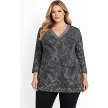 Rmg Büyük Beden Pul Payet Detay Bluz Füme