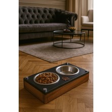 Reyo Ok-Ay Store Büyük Boy Şık Ahşap Mama Standı Çelik Kaseli Yükseltilmiş Kedi ve Köpek Mama Su Kabı Ceviz-Siyah