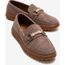 Ccway Kaydırmaz Kadın Tokalı Loafer Ayakkabı VİZON SÜET