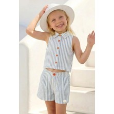 Queen Kids Kız Çocuk Gömlek Yaka Bluz ve Şort Takım Mavi