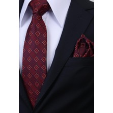 Esgue Hand Made 8 cm Ekose Desen Bordo Lacivert Renk Mendilli Kravat
