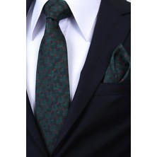 Esgue Hand Made 8 cm Geometrik Micro Desen Yeşil Kırmızı Renk Mendilli Kravat