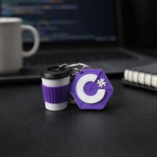 Goka 3D Craft C# Developer Özel Tasarım: 3D Csharp Logosu ve Mor Detaylı Kahve Bardağı Anahtarlık