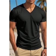 Tarz Cool Erkek %100 Pamuk V Yaka Slim Fit Dar Kesim Tişört