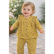 Bilge Trend Kız Bebek , Çocuk Müslin , Fırfırlı Önden Düğmeli 2 Parça Pamuklu Pijama Takımı