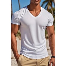 Tarz Cool Erkek %100 Pamuk V Yaka Slim Fit Dar Kesim Tişört