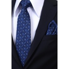 Esgue Hand Made 8 cm Geometrik Micro Desen Lacivert Mavi Renk Mendilli Kravat