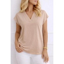 Kadın V Yaka Kısa Kol Dokuma Viskon Kumaş Bluz