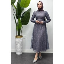 Tesettür Diyarı Kadın Payet Pul ve Simli Abiye - Lila