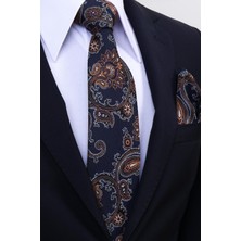 Esgue Hand Made 8 cm Şal Desen Lacivert Kiremit Renk Mendilli Kravat