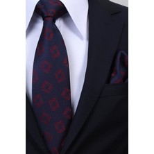 Esgue Hand Made 8 cm Retro Desen Lacivert Bordo Renk Mendilli Kravat