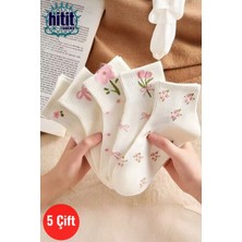 Hitit Socks Kadın 5 Çift Premium Karışık Çiçek Desenli Kısa Patik Çorap Bilek Çorabı Beyaz