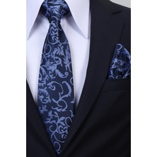 Esgue Hand Made 8 cm Dalgalı Desen Lacivert Mavi Renk Mendilli Kravat